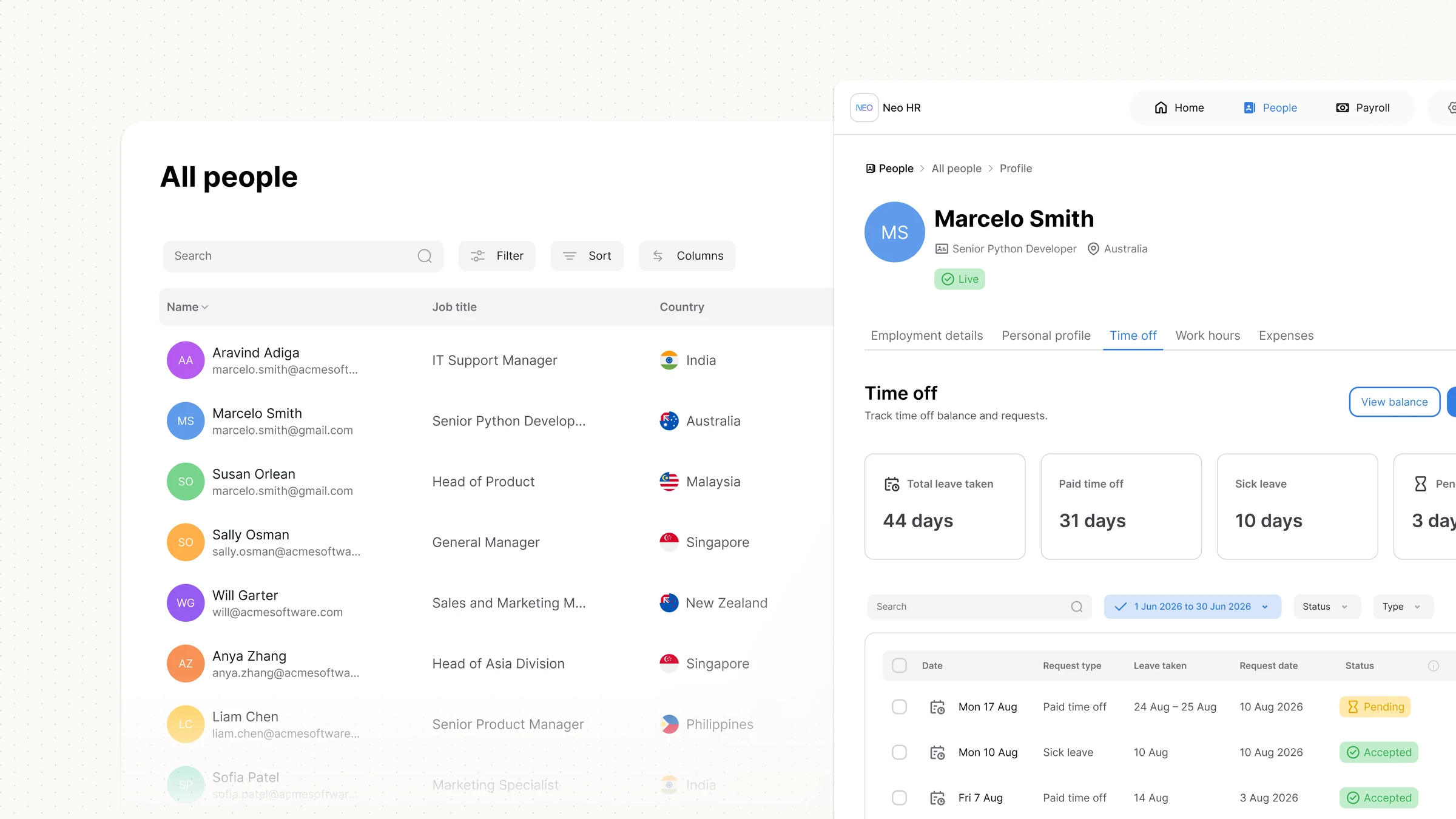 Employee profile, Time off tab
